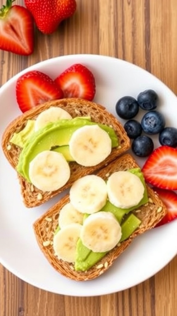 Baby-Led Weaning Toast for 6 Months Baby-led weaning toast with avocado and banana on whole grain bread, served with fresh fruit slices.